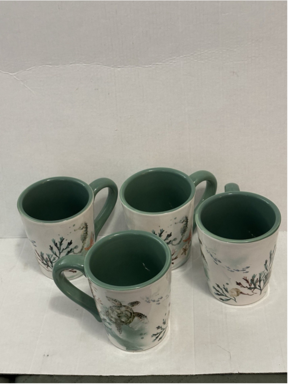 Coastal Nautical Ceramic Coffee Mugs w/Coral& Starfish& Sea Turtle-Set of 4